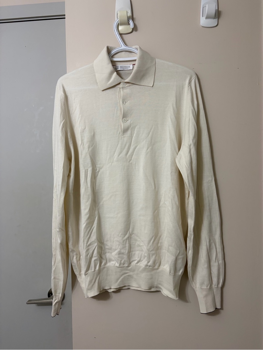 Brunello Cucinelli Long-Sleeve Polo Shirt in Cream